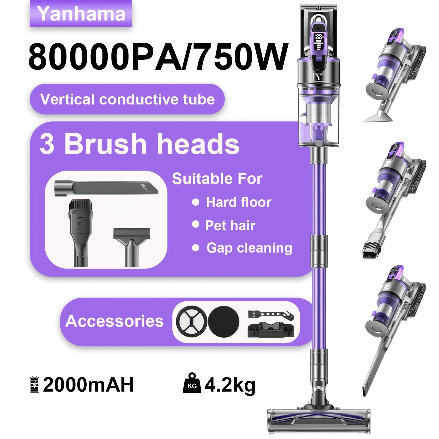 Yanhama Cordless Vacuum Cleaner/ 75kpa/80kpa/ Cordless Vacuum Cleaner/ With Anti- Brush/ / Cordless Vacuum Cleaner With Led Display/ Handheld Vacuum Cleaner For Pet Hair Hard Floor Carpet