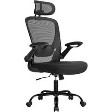 Ergonomisk kontorstol med justerbar nakke- og lændestøtte – foldbare armlæn, sort stof, maks. 120 kg