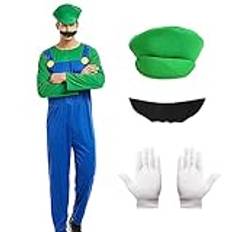 Alaiyaky Mario och Luigi-kostym för vuxna och barn, Mario-dräkt, super-rörmokare, overall, Mario Bros, cosplay-outfit med hatt, mustasch och handskar, Mario-outfit för halloween och karneval (män,