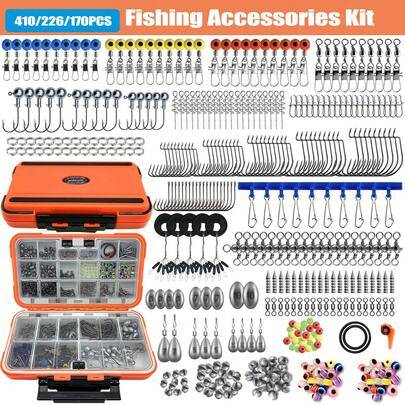 410/226/170 st professionellt fisketackle-set, inkluderar tacklebox, fiskekrokar, sänken, svivlar, lämpligt för abborre, öring och saltvattenfiske | k - Multifärgad (410 st,170 st,226 st)
