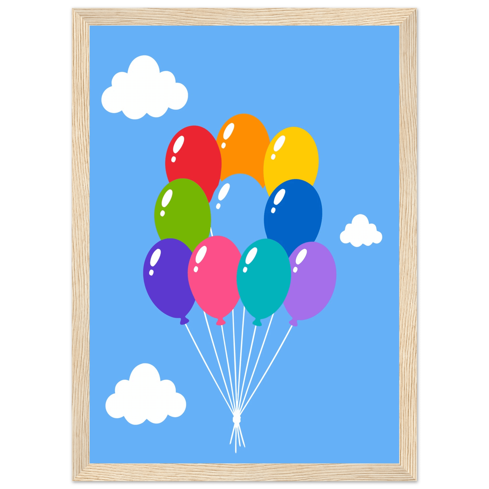Färgglada ballonger poster-21x29.7 cm / 8x12" / Med ram / Ljust trä
