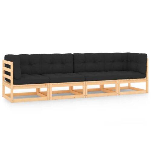 Loungegrupp med dynor 4 delar massiv furu