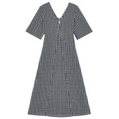 Seersucker Check V Neck Long Dress - Egret