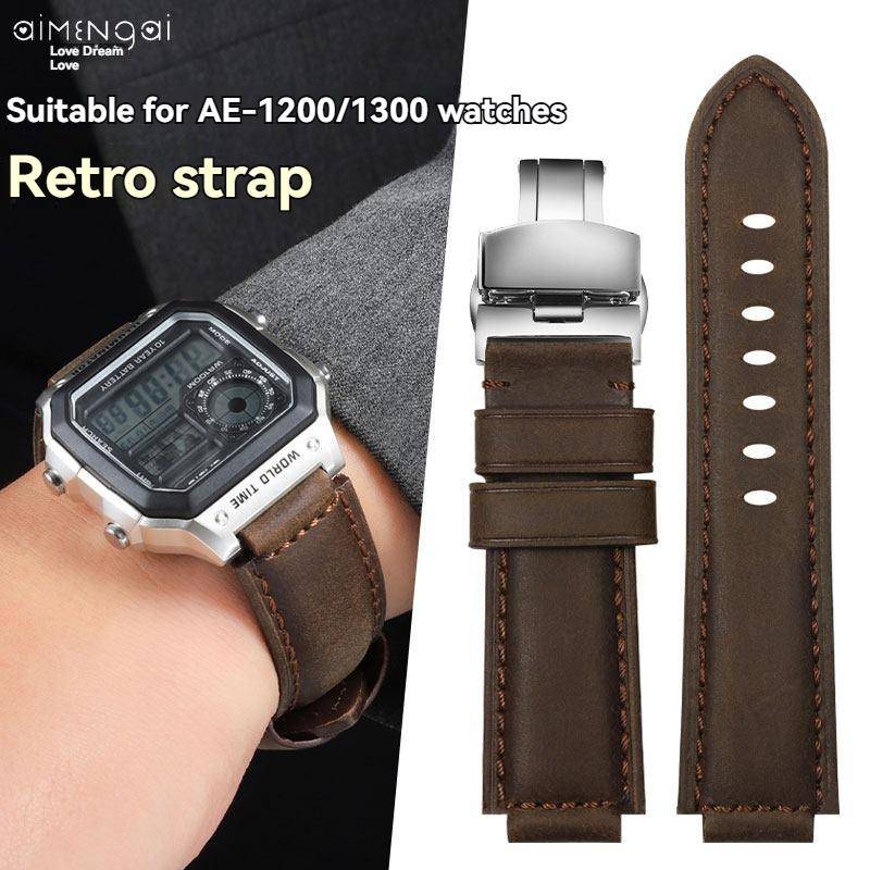 För Casio liten fyrkantig klocka AE1200/1300/1000 SGW-500H/W218 A159 A158 A168 retro matt ko läderrem äkta läderarmband gray
