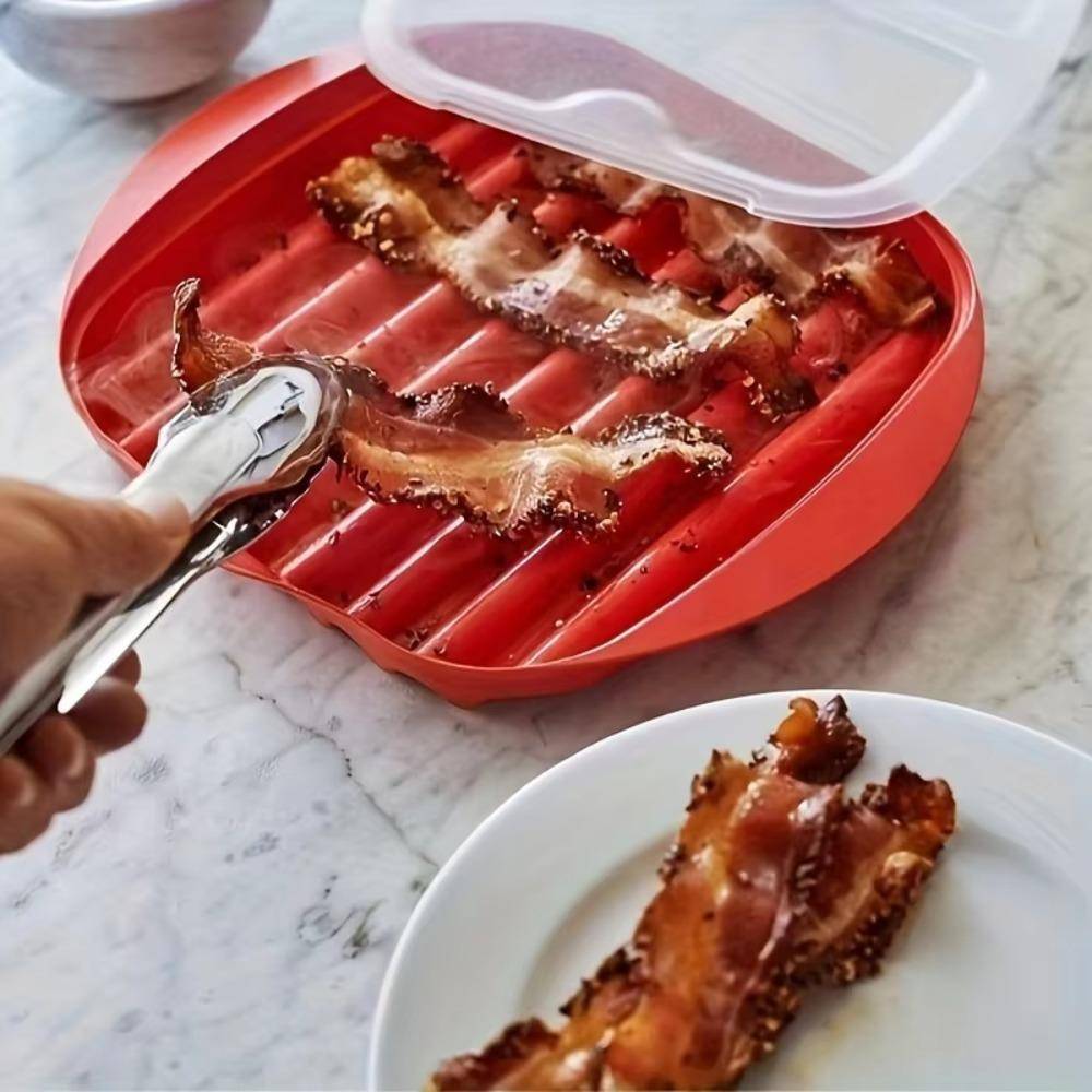 Röd baconbricka med lock Mikrovågsugn Grillbricka Baconlåda Mikrovågsugn Baconpanna Frukost röd