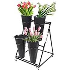 Flower Display Stands, Outdoor Plant Stand, Flower Bucket Racks with Plastic Buckets, Moving Wrought Iron Florist Shelf with Wheels, for Patio Garden, Living Room,2 layers 4 barrel black