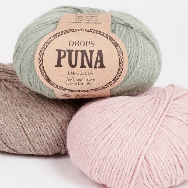 DROPS Puna 06 Grå (Natural mix) Indhold: 100% Superfin Alpaca Garngruppe: B (20 - 22 masker) / 8 ply / DK / worsted Vægt/længde: 50 g = ca. 110 meter Anbefalede pinde: 4 mm Strikkefasthed: 10 x 10 cm = 21 m x 28 p Håndvask, koldt vand max 30°C / Tørres fladt / Kan filtes.