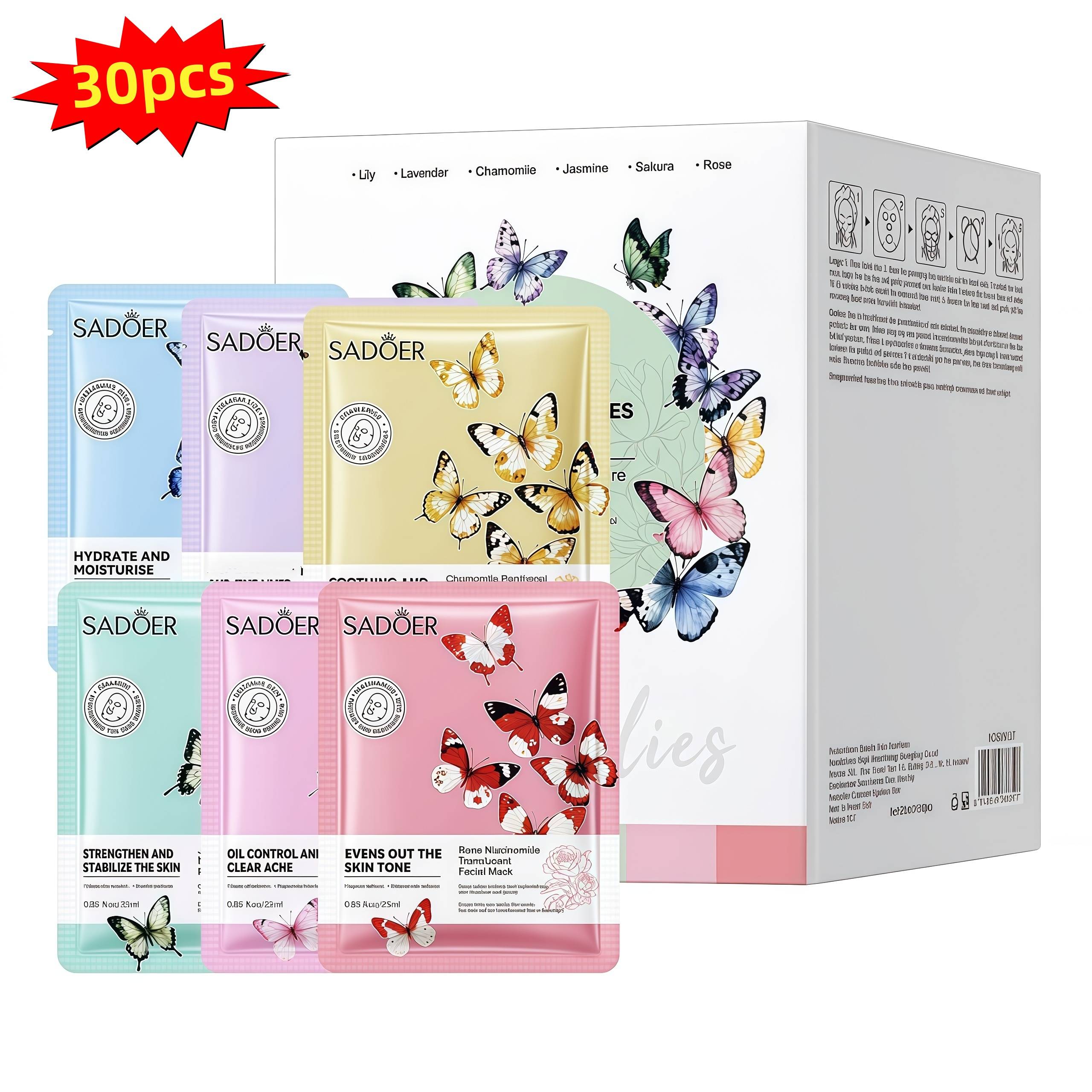 TEMU 30pcs Hyaluronic Acid Facial Masks | Sadoer Series Gift Set With Hyaluronic Acid & Niacinamide | Moisturizing, & Nourishing Care | Aloe/centella/lavender/sakura | Korean Skincare, Care Each