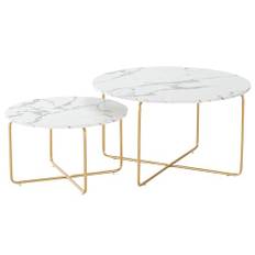 Liink1Ga Marmorsoffbord vitt runt marmorbord för vardagsrum, soffbord rund uppsättning om 2 soffa sidobord soffbord rund med champagne gyllene ram (konstgjord marmor)