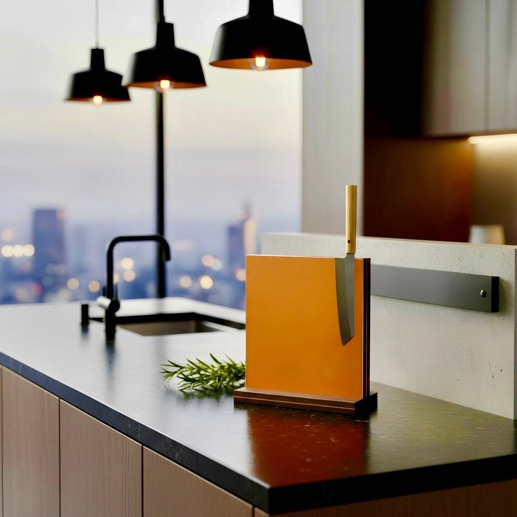 Leather Block Exclusive – 15 or 25 cm wide double-sided magnetic knife block with Italian leather and metal details. Height 30 cm - 15x30x4 cm / Oak / Brown