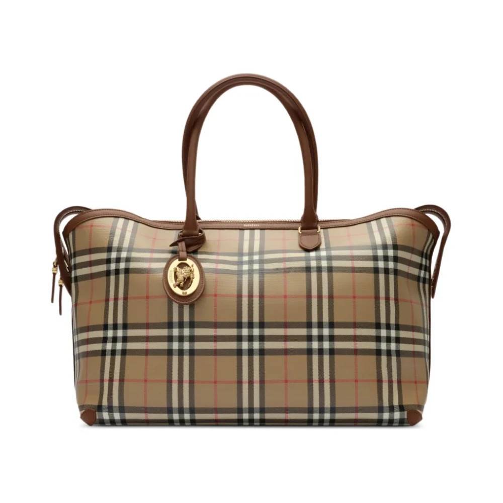 Burberry Medium Check Zip Tote Bag - Tasker - Dame - Beige - ONE SIZE - Bomuld