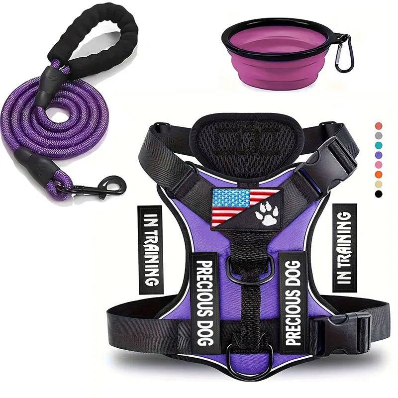 Reflective Dog Harness & Leash Set with Folding Bowl - Purple / XS（old） (XS（old）)