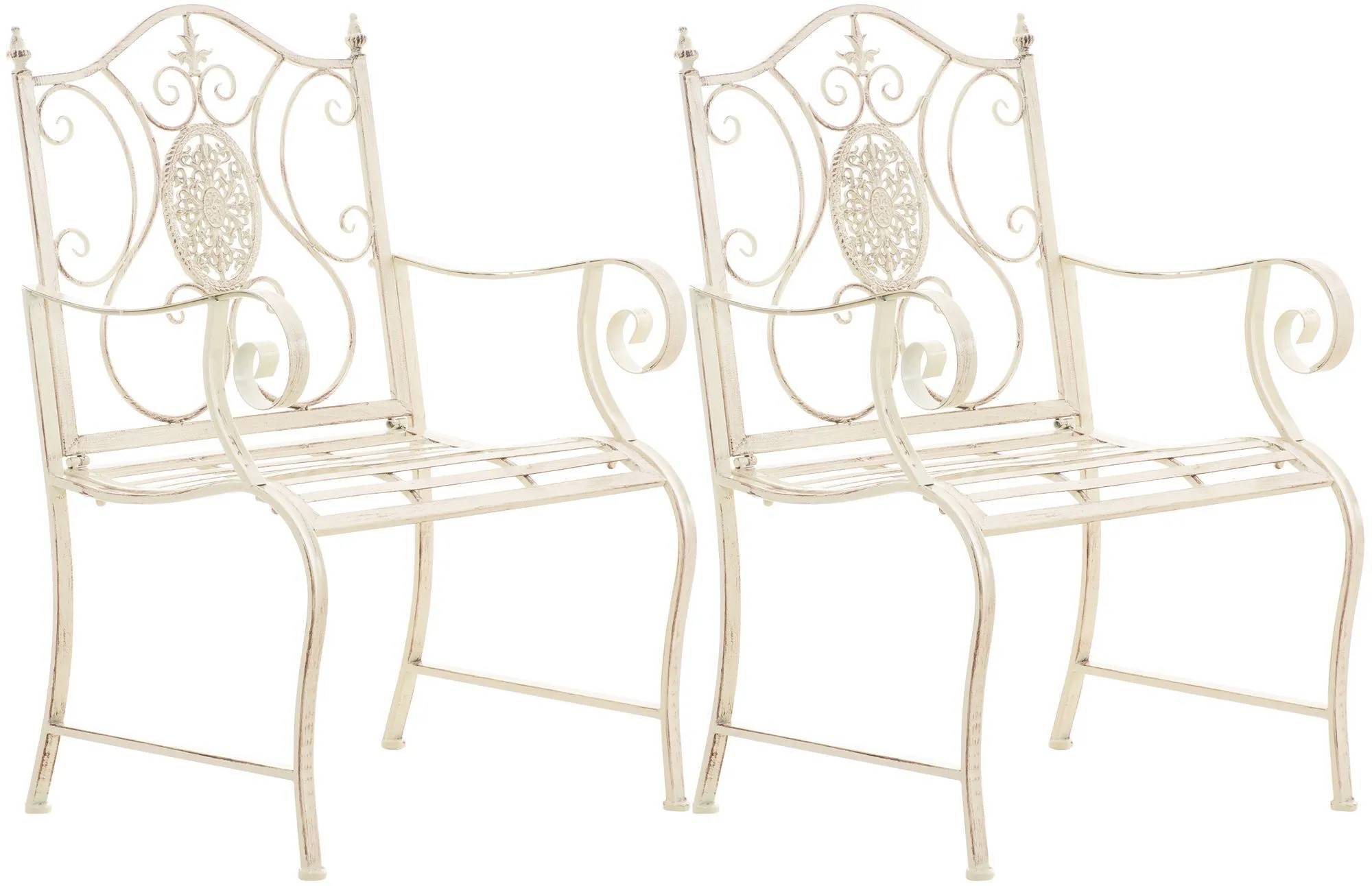 Sæt med 2 havestole i art nouveau-stil i metal, antik cremefinish
