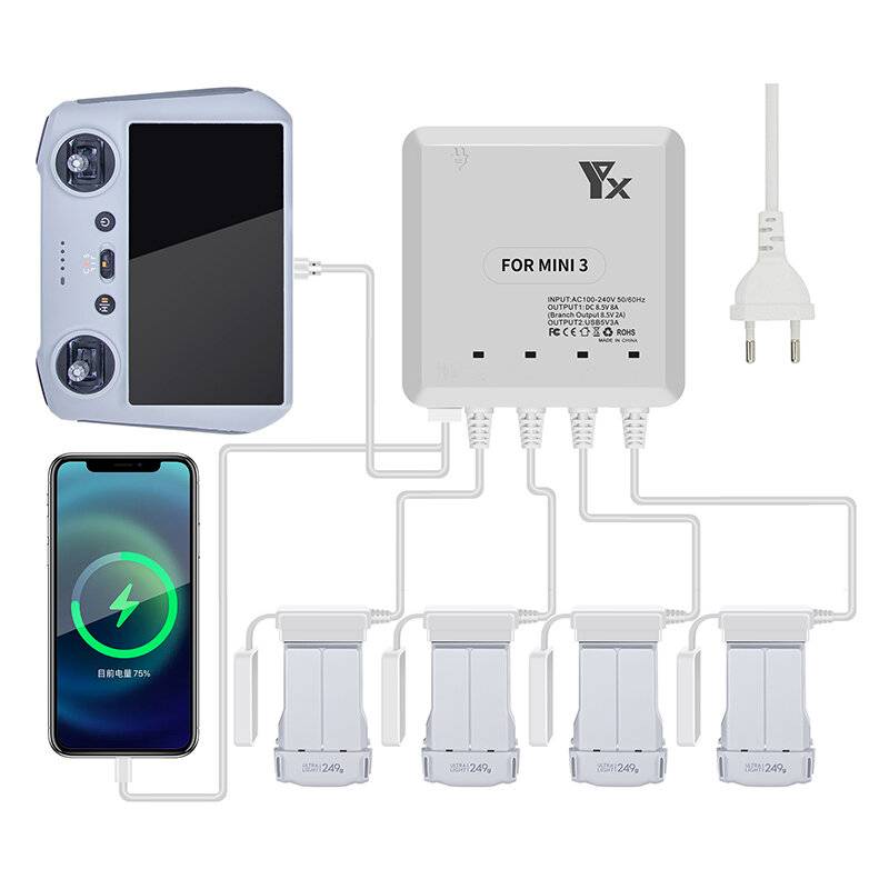 YX 6-i-1 Multiplikationsnav Intelligenti Batteri Fjärrkontroll Telefonladdare för DJI MINI 3 PRO RC Drone Quadcopter