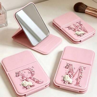 Rosa mini hopfällbar portabel sminkspegel, A-Z sminkspegel med rosa bokstäver och fjärils- och blomdesign med ställ, resepel, skönhetsprodukt, rektang - Multifärgad