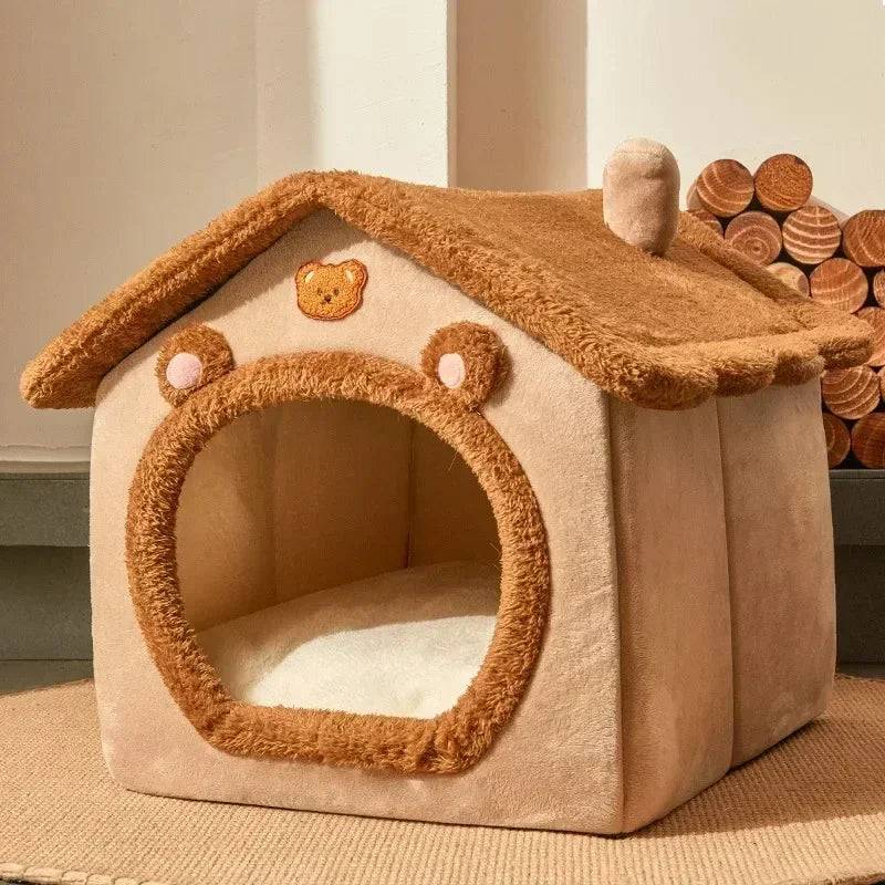 Foldable Plush Pet House for Cats & Small Dogs - Brown bear / M