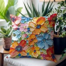 1pc Blue Oil Painting Style Bright Flower Design Peach Skin Pillow Cover, Modern Sofa Decoration Gift - Multicolor - 45*45