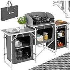 tectake® Campingkök, Mångsidigt, Hopfällbart med Värmebeständig Arbetsplatta, Vindskydd, Lätt & Portabel, Inkl. Bärväska, Lämplig för Gasspis, Med Höjdjusterbara Fötter – Idealt Campingbord - Grå