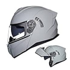 ZXJDP Flip Up modulär motorcykelhjälm med inre solskydd, DOT/ECE dubbelvisir helmaskade motorcykelhjälmar för män kvinnor, snabbkoppling Cool hjälm för gatucykel skoter moped,Cement gray,L