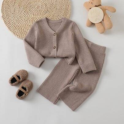 Babyflicka knäppt framtill kofta & stickade byxor - Kaki (6-9M,9-12M,12-18M,18-24M,2-3Y)