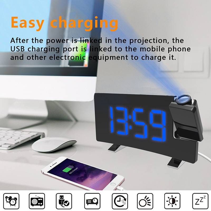 Projektion väckarklocka digital takdisplay 180 graders projektor dimmer radio batteri backup vägg tid projektion - C