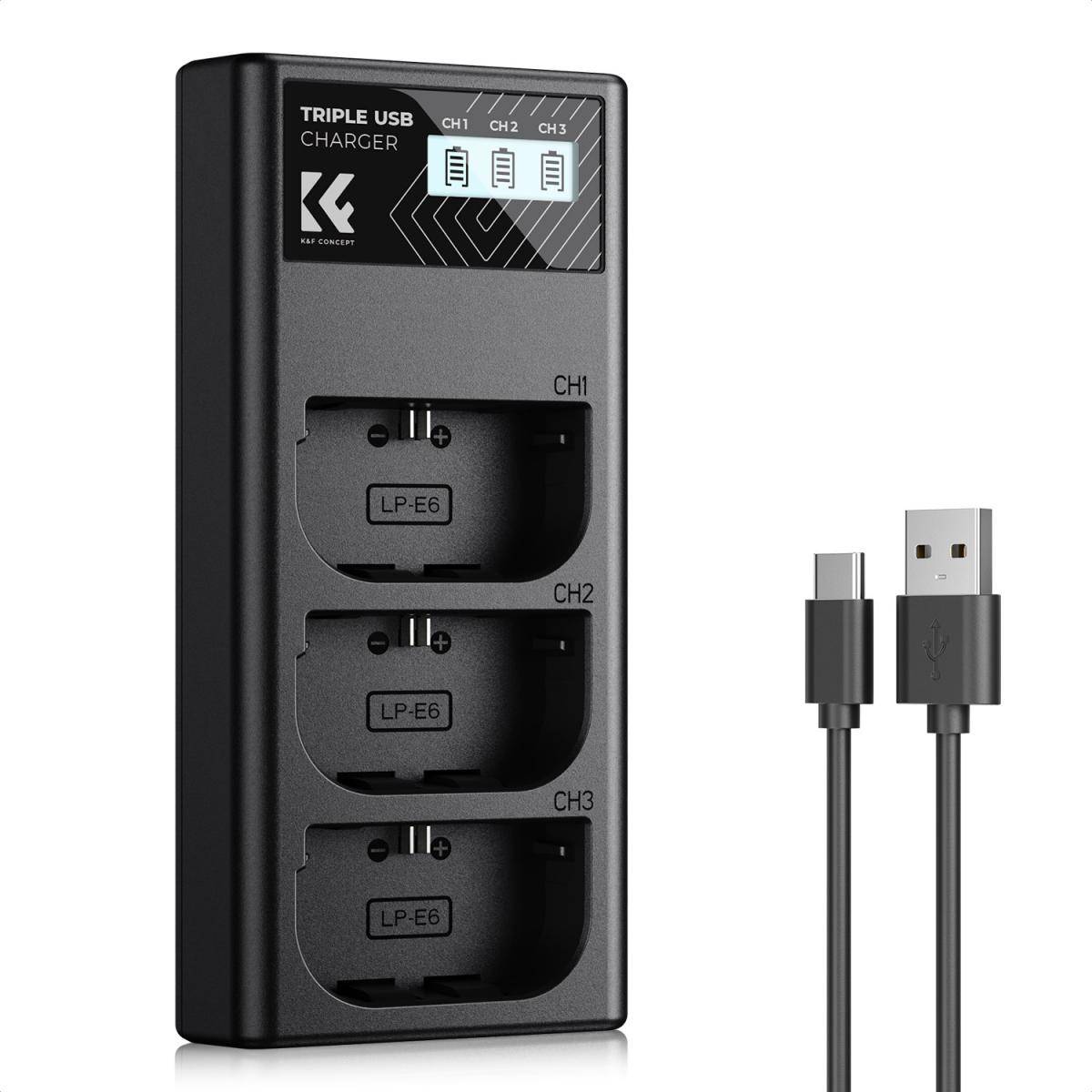 KENTFAITH KENTFAITH  LP-E6NH 3-Slot Charger, LP-E6 LP-E6N Battery Charger with LCD Display for Canon EOS R5 R6 R7 5D 6D 7D Mark II Cameras
