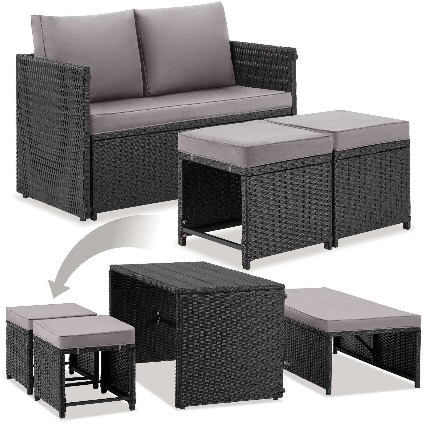 2-i-1 rottinglounge-set Monopoli, soffa och sittgrupp - svart