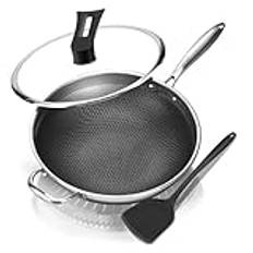 Wok 32 cm hybrid non-stick stekpanna i rostfritt stål med lock och spatel som håller sig kall, induktionsstekpanna, kompatibel med elektriska kokplattor