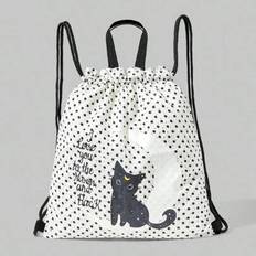 Vintage Polka Dot Moon Cat Print Large Capacity Multi-Functional Drawstring Backpack, Cute And Sweet Style Suitable For Campus, Travel, Social, Shoppi - White - one-size