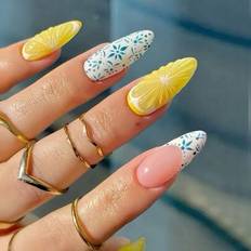 Blå och vit porslinsfärg matchande citrongul frukt Full täckning falska nageltips för kvinnor och flickor Inkluderar 1 ark självhäftande flikar och 1 - Multifärgad