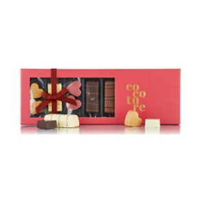 Rød juleæske med fyldte chokolader, lakrids og marcipan 225g
