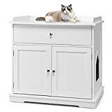 COSTWAY Kattskåp med låda och dörr och ingång, 3-i-1 katthus, kattlåda, sidobord, skåp, kattbyrå, kattgrotta, husdjurslåda, kattmöbel, vit