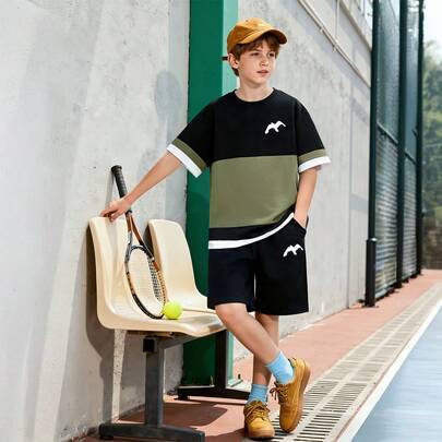 2-delat set med kortärmad topp och matchande shorts för pojkar, Seagull-logotyp, uppfriskande sportig och avslappnad outfit för utomhuslek, sommar - Multifärgad (8Y,9Y,10Y,11Y,12Y)