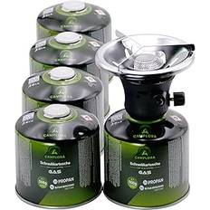 CAMPLORA Gasspis med 5 gaspatroner och piezotändning för skruvpatron, camping eller backpacking, liten, campingkök mini, gasspis camping 1 lampa, gasspis, gasspis, gasstov, skruvbar