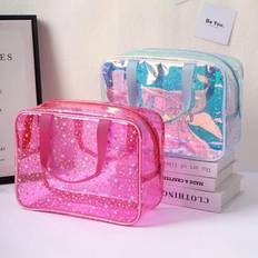 1pc Holographic Starry Waterproof Cosmetic Bag, Large Capacity Portable Toiletry Bag, High-End Travel Organizer - Multicolor - Black,Pink,White,Blue,Purple,Green