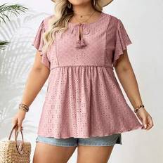 Plus size dam fransk slips främre puffärm rosa öljett broderi blus - Dammrosa - 5XL,6XL,7XL,8XL