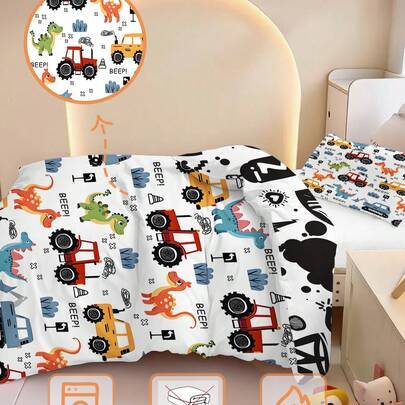 1 st barnbäddset med dinosaurie- och byggfordonsmotiv, 100 % polyester dubbelsidigt täckeöverdrag (utan fyllning), maskintvättbart, lämpligt för nyföd - Multifärgad (135*200,80*120,100*120,76*102,120*150,33*45*1 örngott,90*200)