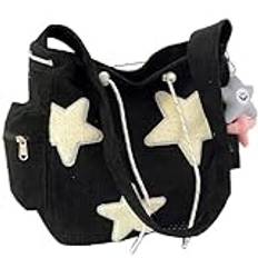 Makukke Y2K manchester axelväska kvinnor, söt tygväska stor crossbody-väska för skola kontor arbete resor shopping, Svart