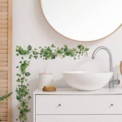 Väggdekor med friska gröna växter och rankor, klistermärken, väggdekal, vinyldekal för hemdekoration, vårdekoration för att fräscha upp hemmet, festde (En-Storlek,VA-F028-25*60cm)