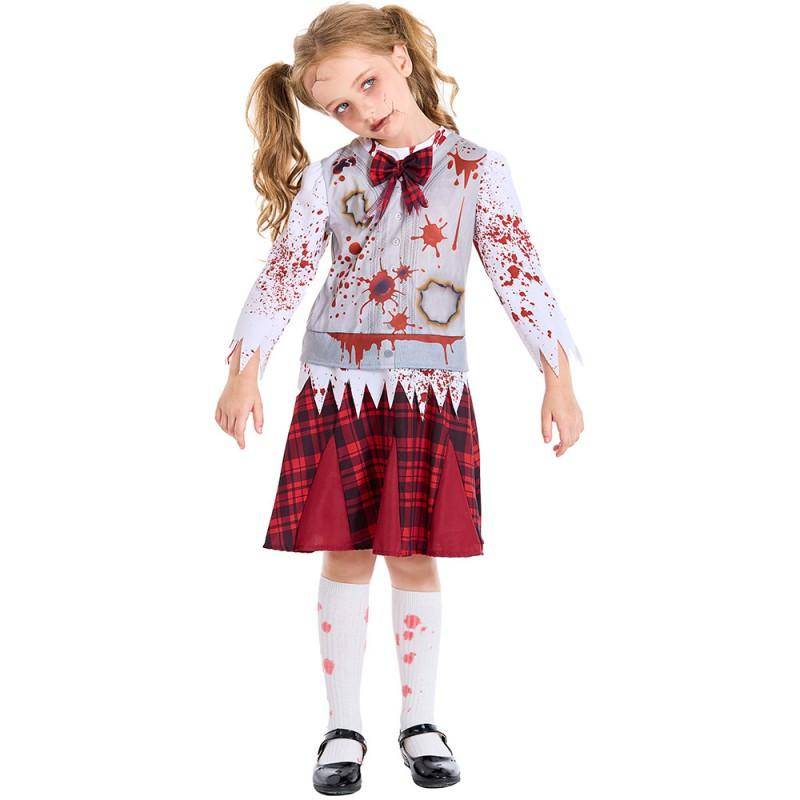 Zombie Kostym Barn Halloween Fest Utklädnad Röd Rutig Långärmad Cosplay cm gray