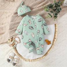 Beige Dinotastic Heldragen Långärmad Jumpsuit Med Mössa Och Vantar För Nyfödda, Bekvämt Hemplagg - Grön (6-9M,0-1M,1-3M,3-6M)