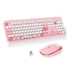 SOLIDEE Trådlöst tangentbord och muskombo,104 tangenter Retro skrivmaskins-tangentbord,2.4GHz Färgglada rundtangenters med nummerplatta(US Layout QWERTY)(Bear Pink)