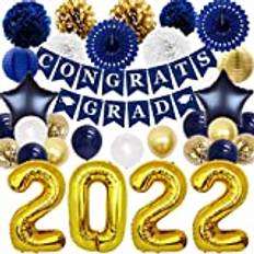 2022 examensdekorationer marinblå och guld, gratulation grad banner vävnad pom poms papperslykta nummer 2022 folieballonger för klass av 2022 partytillbehör