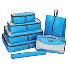 G4Free 6 st/9 st packkuber nät resa bagage väska set packorganiserare, 7 st – blå, (S+Slim+M+L+XL+Drawstring Bag+Shoes Bag)-7PC