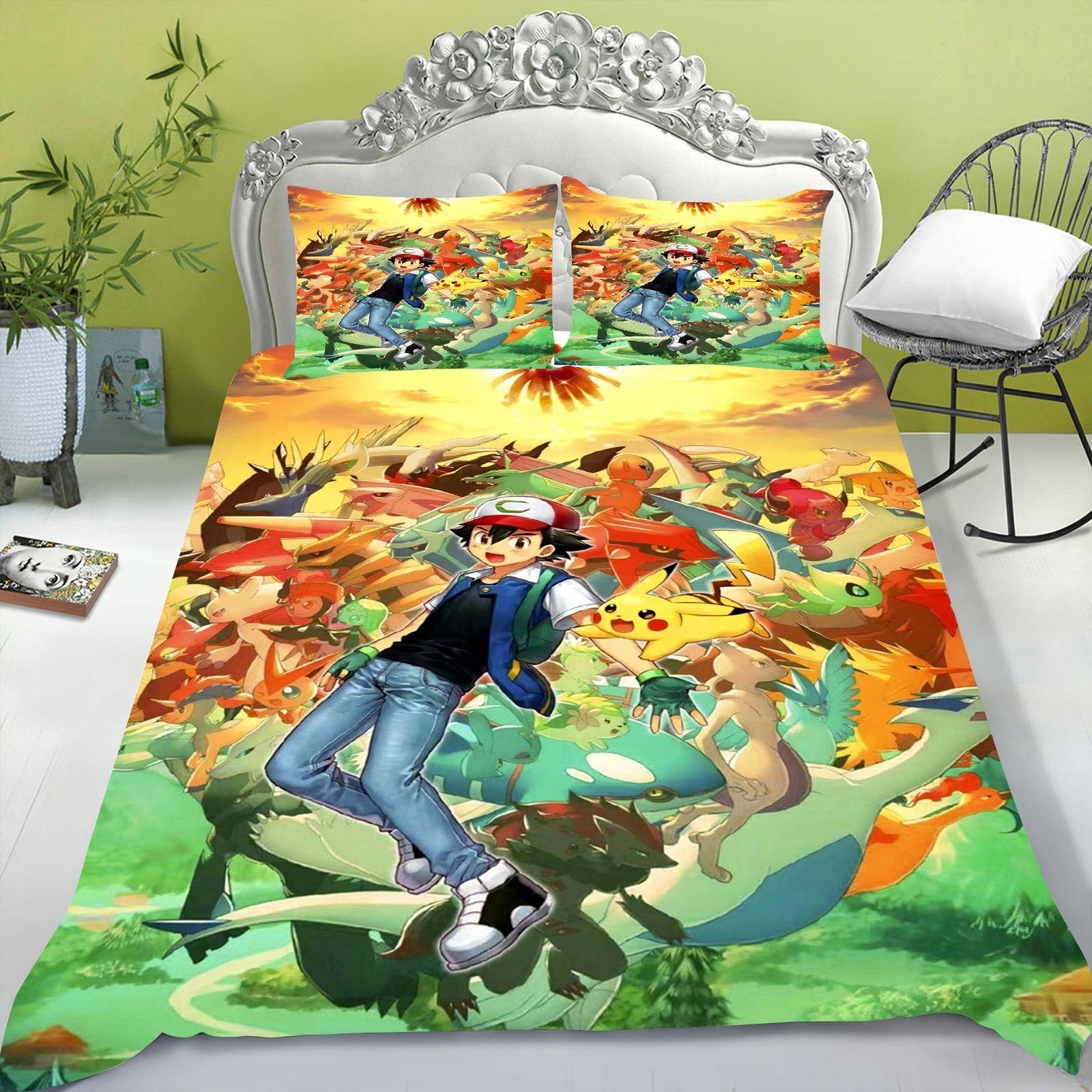 Tecknad påslakan set för barn, Pikachu Anime täcke, King Size täcke, Queen, Grad A, 3D sovrumslakan 203x228cm