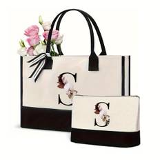 TEMU 2pcs Stylish Shoulder Bags With Letters, Minimalist Black-and- & Floral Accents, Spacious Interior, Lightweight & Portable For Women - Shopping, Work, Or Casual , Work Accessory | Bag | Material