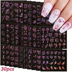 30st olika Nail Art Stickers Set, 30 Styles Holografiska Laser Rosa Fjäril, Hjärta, Stjärna & Fjäder Blomväxter Designa Nagel Stickers & Dekaler, 3D s