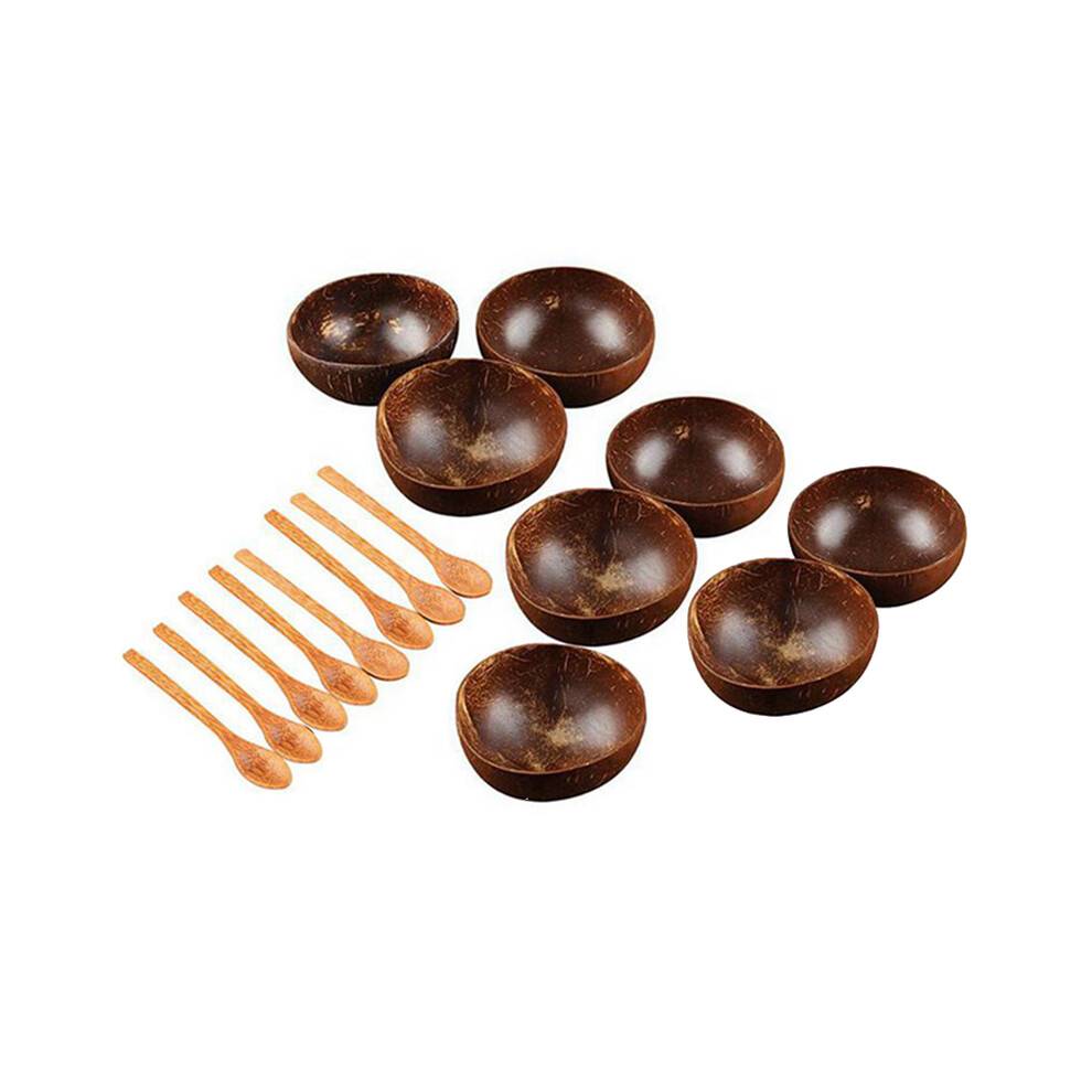 Coconut Bowl Set Handmade Coconut Shell Tableware Wood Spoon Dessert Fruit Salad Mixing Bowl Rice Ramen Bowl 16Pcs