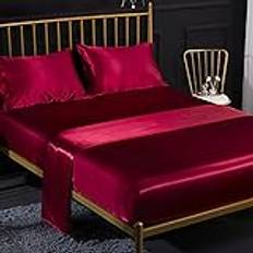 Påslakan enfärgad satin glänsande lakan linne 160 x 200 cm för madrasser upp till 35 cm spännlakan set 4 delar med lakan, dra-på-lakan, 2 örngott – vinröd