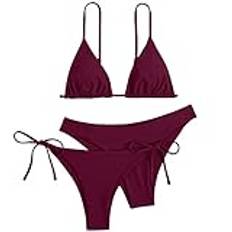 LOIJMK Bikini dam sexig 3-delad, triangel bikini dam bikini tanga delade baddräkter rygglös tankinis för kvinnor 3 stycken badmode dam bikiniset kvinnor baddräkt dam sexiga strandkläder, vin, M